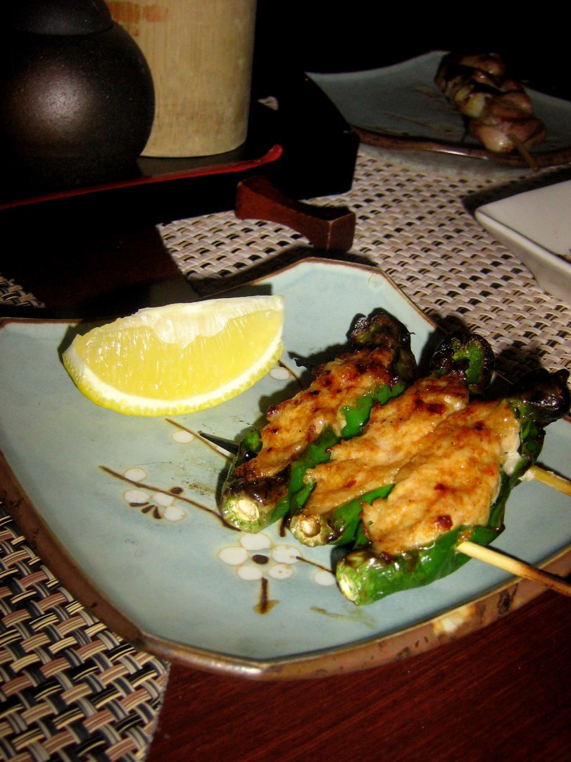 shishito peppers with chicken skewers