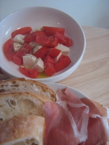 Insalate Caprese (sans basil), speck and breads makes for a rustic lunch!