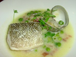 oil poached cod, clams, peas in bacon broth