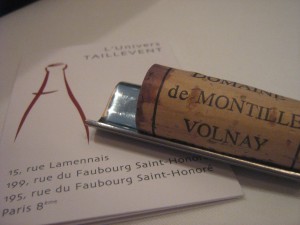 The cork off our bottle and Taillevent's wine card 