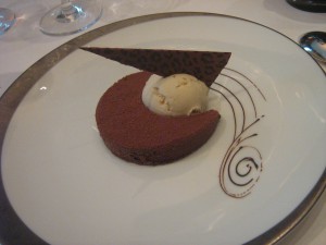 Hazelnut chocolate cake with amaretto ice cream